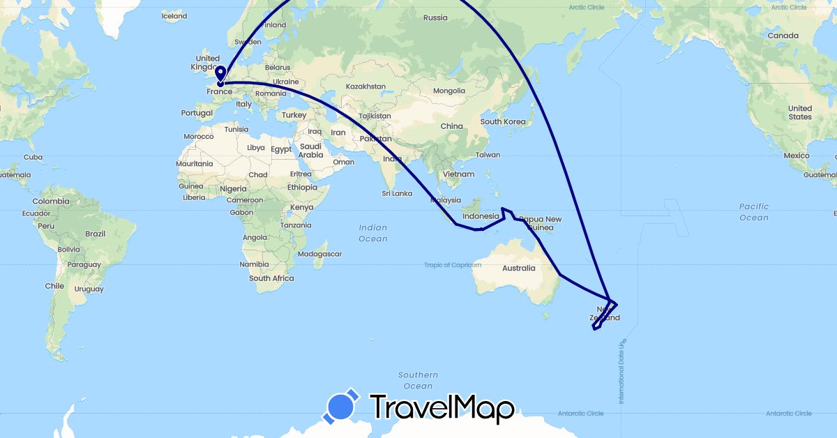 TravelMap itinerary: driving in Australia, France, Indonesia, New Zealand (Asia, Europe, Oceania)